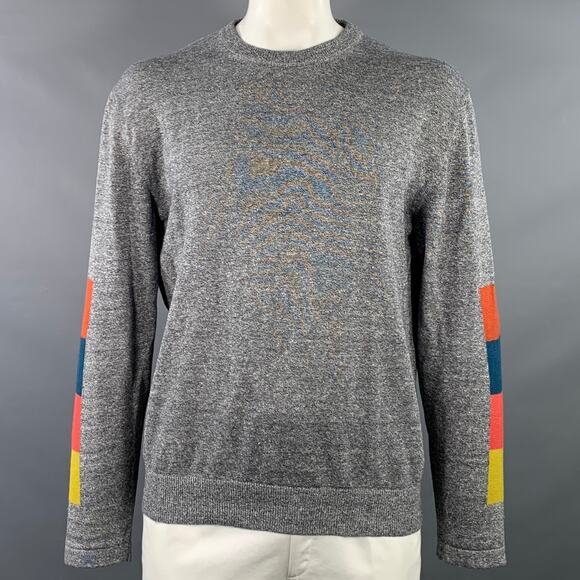 PAUL SMITH L Heather Grey Multi Color Color Block Cotton Wool Crew Neck Pullover